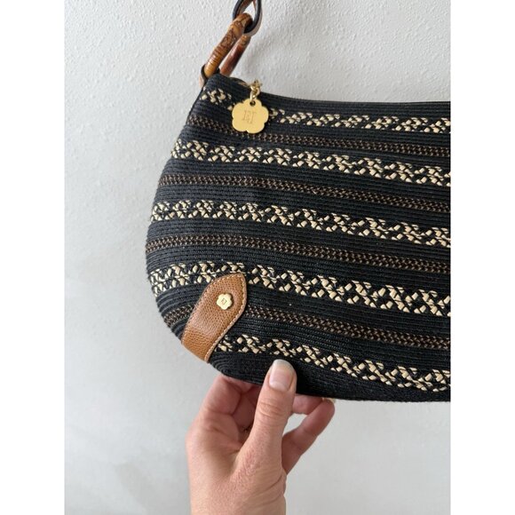 Eric Javits Woven Straw Leather Strap Zip Top Bag Purse Black Tan Brown Shoulder - Picture 2 of 7